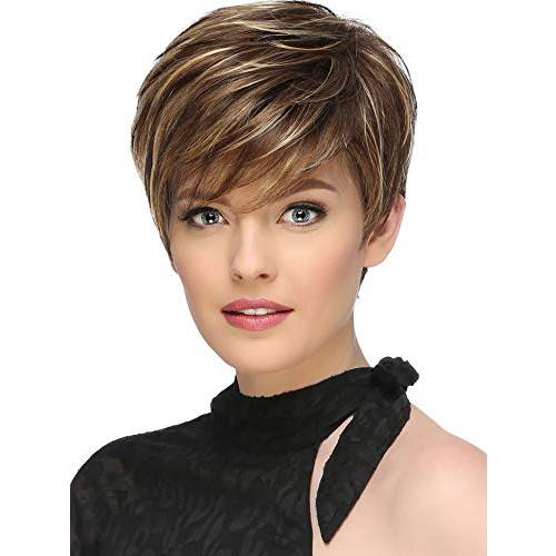 TISHINING Short Brown Pixie Cut Wigs for White Women with Bangs Mixed Blonde Highlights Synthetic Hair Wig Natural Wavy Hair Replacement Wigs