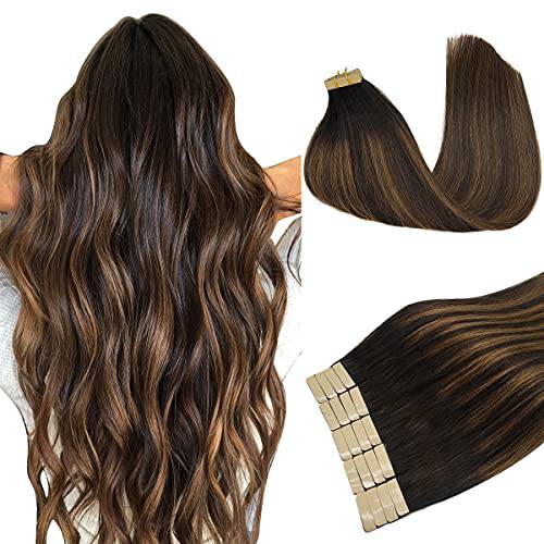 Hair Extensions Tape in Human Hair Balayage Dark Brown to Chestnut Brown DOORES 20pcs 50g 20 Inch Silky Straight Tape in Human Hair Extensions Natural Hair Skin Weft
