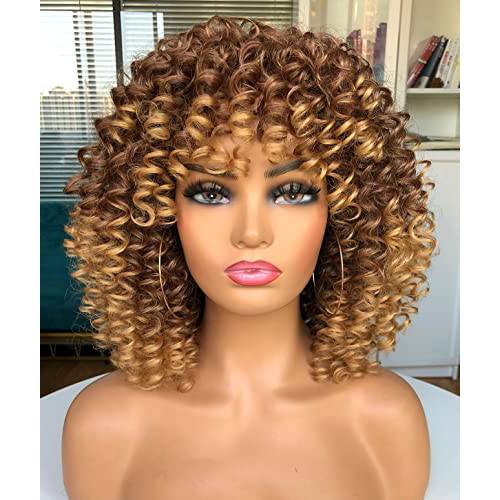 CurlCoo Short Curly Afro Wig With Bangs for Black Women Kinky Curly Hair Wig Afro Synthetic Heat Resistant Full Wigs（Orange）