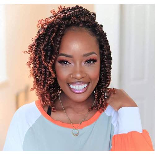ZRQ Short 8 Packs Pre-twisted Bob Passion Twist Crochet Hair with Curly Ends 10 Inch Pre looped Ombre Copper Red Passion Twists Hair 12 Roots/Pack Synthetic Crochet Braids Hair for Women T350