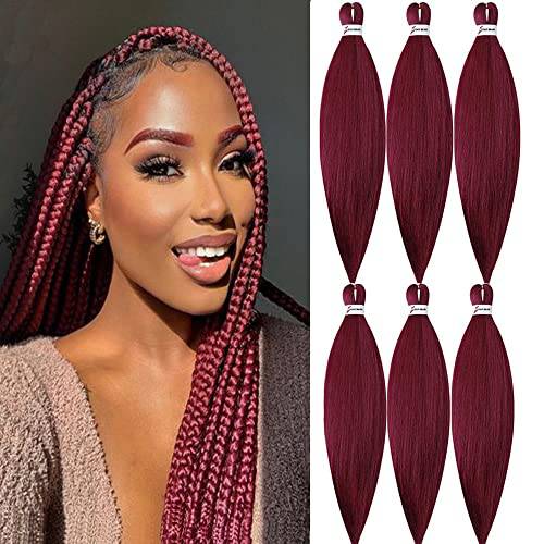 MSBELLE 6 Packs/Lot Pre Stretched Braiding Hair Crochet Braid Hair 26 Inch Hot Water Setting Synthetic Fiber Burgundy Braiding Hair Extensions 100g/Pack(26 INCH,900)
