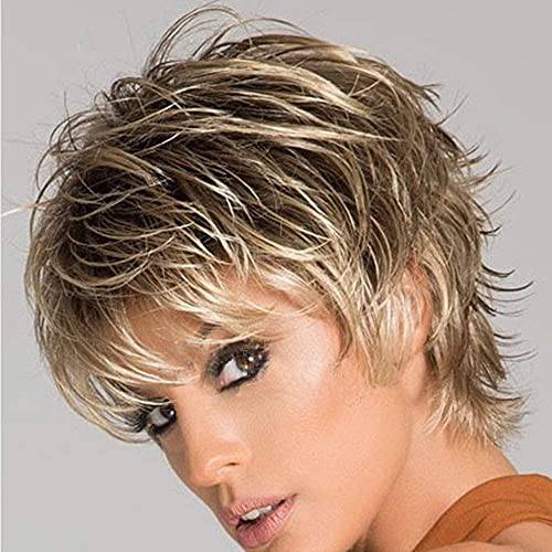 SEVENCOLORS Short Mixed Blonde Wigs for White Women Synthetic Hair Wig with Bangs Pixie Cut Wigs for Women