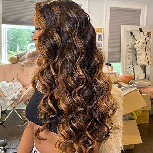 Aopusi Colored Wigs 4/27 Ombre Headband Wig Full Machine Made Human Hair Wigs Highlight Brown to Blonde Body Wave None Lace Front Wigs for Black Women 150% Density Natural Hairline 16 Inch