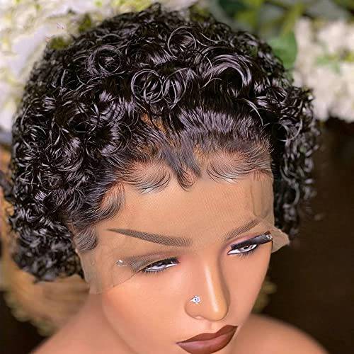 Junoda Pixie Cut Lace Front Wigs Human Hair 13x1 Short Curly Human Hair Wigs Brazilian Virgin Pixie Cut wig Pre Plucked 180% Density for Black Women (6 Inch)