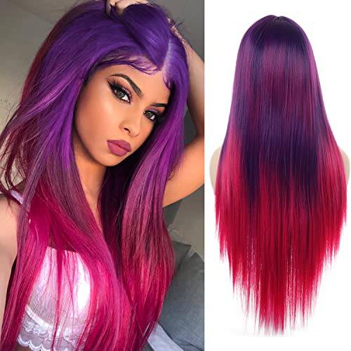 NEMER T Front Lace Wigs,Long Gradient Ombre Purple Wigs for Women,Natural Looking Kanekalon Futura Fiber Fashion Straight Wigs Daily Use Colorful Wigs(22’’)