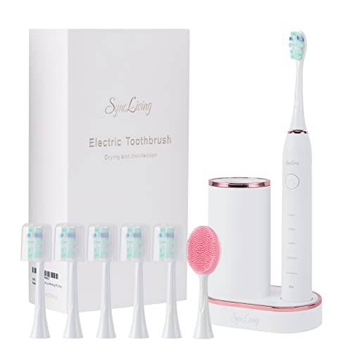 Sync Living Electric Toothbrush with 5 Modes, Smart Electronic Toothbrush with Holder for Adults, 6 Dupont Brush Heads, 1 Face Care Brush, White