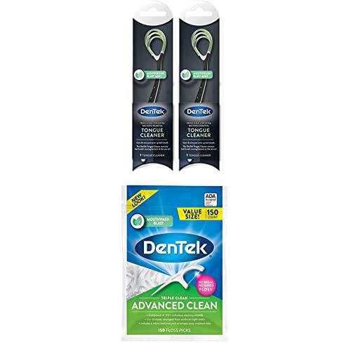 DenTek Tongue Cleaner, 2 Pack With DenTek Triple Clean Advanced Clean Floss Picks, No Break & No Shred Floss, 150 Count