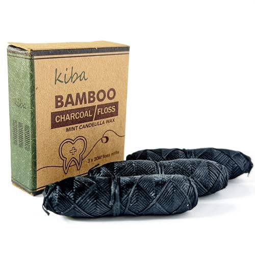 Kiba Bamboo Charcoal Floss 3 Piece Refill Set (3 x 30M Dental Floss Refills) - Eco Friendly Floss w/ Candelilla Wax - Mint - Vegan