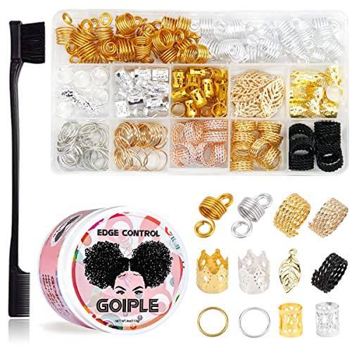200PCS Beads for Hair Braids, Hair Jewelry for Women Braids, Loc Jewelry with 4oz Pink Edge Control Wax Edge Brush, Dreadlocks Metal Gold Braids Rings Cuffs Clips for Accessories Hair Decorations