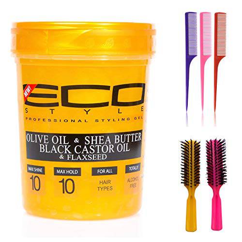 Eco Style Gel Argan Oil 24 oz (Including 2 Piece Nylon Bristle Brush, Wide Tooth Detangle Hair Comb & Double Sided Edge Control Hairbrush) Eco Styler Gel with Styling Tools Kit