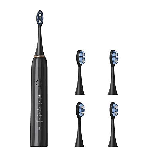 BEBEN Sonic Electric Toothbrush, IPX7 Toothbrush Electric with Long Battery Toothbrush Life for 60 Days, Rechargeable Electronic Toothbrush Set with 5 Tooth Brush Heads-Black