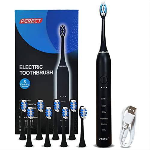 PERECT Electric Toothbrush for Adults, Rechargeable Sonic Electric Toothbrush with 8 Replacement Brush Heads, 1 Charge for 30 Days, 5 Modes 3 Intensities, Smart Timer, Black