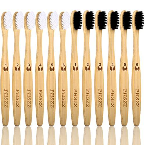 PHSZZ 12 Pack Bamboo Toothbrushes, Natural Eco-Friendly Soft Bristles Bamboo Toothbrush, BPA Free Biodegradable Compostable Charcoal Organic Green Wooden Toothbrushes, Numbered for Easy Recognition