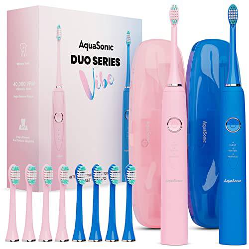 Aquasonic Vibe Duo - Dual Handle Ultra Whitening 40,000 VPM Fast Charging Electric ToothBrushes - 3 Modes with Smart Timers - 10 Dupont Brush Heads & 2 Travel Cases Included