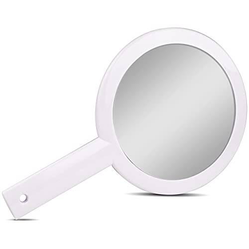 Mirrorvana Cute & Small Hand Mirror for Women, Round Double Sided Handheld Vanity Mirror with Handle, Portable and Lightweight for Travel, 10 inch long (White)