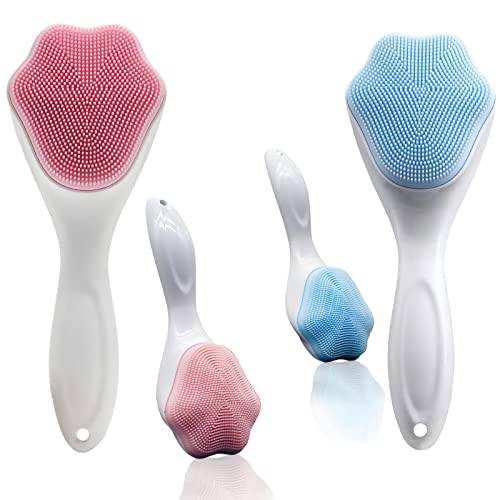 2 PC Silicone Facial Cleansing Brush Silicone Facial Scrubber Manual Exfoliating Facial Brush Face Cleanser Face Exfoliator Fine Bristles for Sensitive Skin Easy to Clean Lather Well (Pink&Blue)