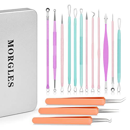 Blackhead Remover Tools, MORGLES 15PCS Pimple Popper Tool Kit Professional Stainless Comedone Pimple Extractor Tool for Blackhead Blemish Zit Removing with Metal Case