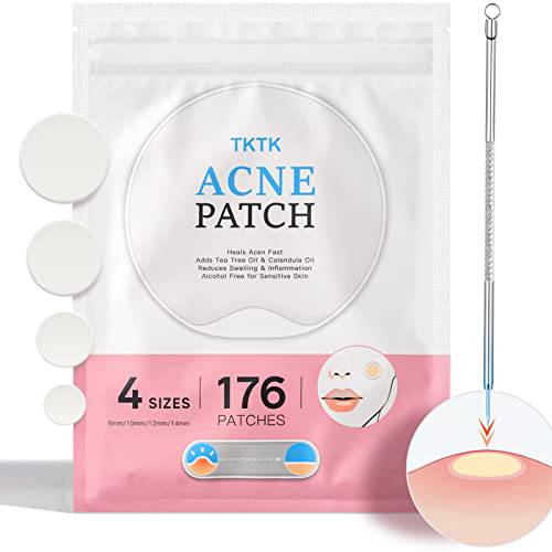 TKTK Acne Pimple Patches + Pimple Extractor, 4 Sizes 176 Patches for Zit Breakouts, 2-in-1 Blackhead Remover & Pimple Popper Tool, Hydrocolloid Acne Spot Treatment with Tea Tree & Calendula Oil