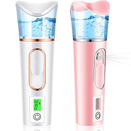 2 Pieces Handy Nano Mist Sprayer with Skin Analyzer Moisture Tester Portable Nano Facial Mister Mini Face Steamer Handheld Atomization Eyelash Extensions USB Rechargeable for Skin Care, White, Pink