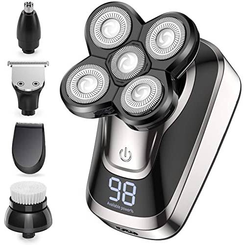 Head Shaver for Bald Men 5 in 1 Cordless Men’s Electric Shavers with LED, Rechargeable Wet & Dry Rotary Shaver Bald Head Shaver Waterproof Nose Beard Trimmer Grooming Kit (Sliver)