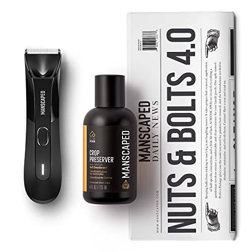 MANSCAPED® Nuts and Bolts 4.0, Men’s Body Grooming Kit, Includes The Lawn Mower™ 4.0 Ergonomically Designed Powerful Waterproof Trimmer, The Crop Preserver™ Ball Deodorant and Disposable Shaving Mats