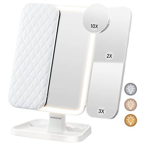 Honadar Makeup Mirror,Trifold Vanity Mirror with 3 Color Lighting Modes/52 LED Light Touch Control/180° Rotation Cosmetic Light Up Mirror&1x/2x/3x/10x Magnification for Women Gift