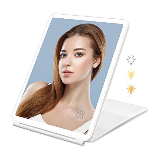 MAAZO Rechargeable Travel Makeup Vanity Mirror with 82 Led Lights, Portable Lighted Makeup Beauty Mirror, 3 Color Lighting, Dimmable Touch Screen, Tabletop LED Folding Cosmetic Mirror with Lights