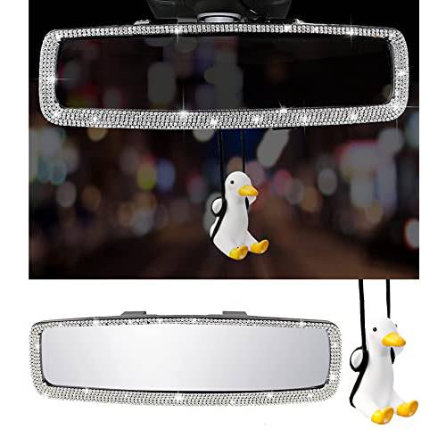 Bling Rhinestone Car Rear View Mirror With Cute Swing Duck, Universal Clip-on Car Interior Trim with Crystal Diamonds, Rhinestones Bling Car Accessories for Women (Sliver)
