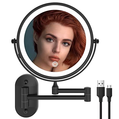 Ruacq Rechargeable Makeup Mirror Matte Black Double Sided Vanity Mirror with Lights Round 1x/10x Magnification 8 Inch Led Magnifying Mirror Stainless Steel and Zinc Alloy Modern Wall Mounted