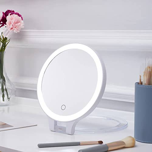 Foldable Double Sided Tabletop Mirror - Rechargeable Lighted Magnifying Mirror 10 X and 1X，3 Colors Light - Adjustable Foldable Handle for Makeup/Travel and Blackhead Removal.