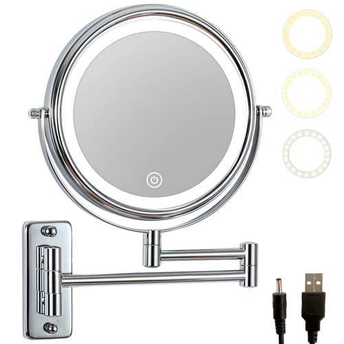 Wall Mounted Makeup Mirror with Lights- 3 Color Lighting Modes- 1x/10x Magnification 8 Double-Sided High Definition Vanity Mirror with 360 Degree Swivel Extendable Arm Cosmetic Mirror (Chrome)