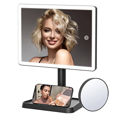 Rechargeable Makeup Mirror with Lights,Lighted Makeup Vanity Mirror with 96 LED Phone Holder and 10X Magnifying Mirror, 3Color Lighting Light Up Cosmetic Mirror with Sensor Touch Dimmable,360°Rotation