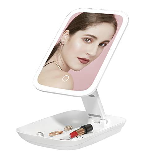 GonaFit Rechargeable Makeup Mirror with Lights - Foldable Travel Makeup Mirror - Touch Screen 3 Colors Dimmable LED Makeup Mirror - Portable Lighted Vanity Mirror - Cosmetic Mirror with Stand