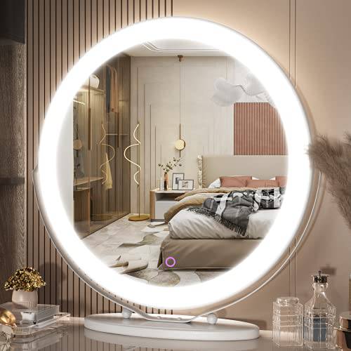 Vierose 20 inch Large Vanity Makeup Mirror with Lights, 3 Color Lighting Modes | Round Lighted Up Makeup Mirror with Dimming LED Halo for Dressing Room & Bedroom Tabletop, Touch Control (White)