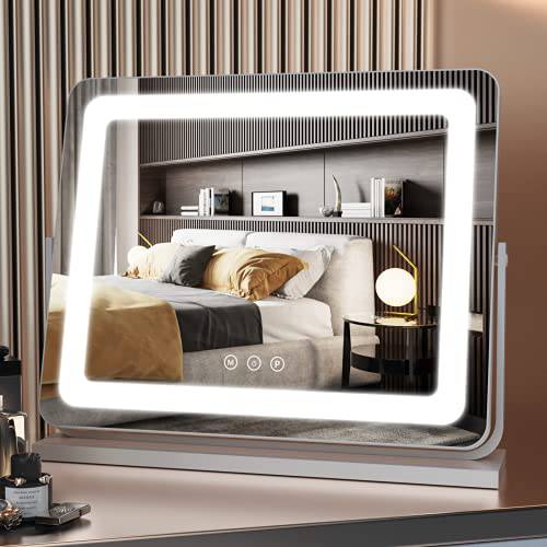 BARMI Vanity Mirror with Lights,22x19 Lighting Dimmable LED Mirror, 3 Color Lighting Modes, Tabletop Vanity Makeup Mirror Smart Touch Control with 360° Rotation (White)