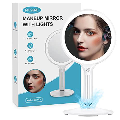 NICARE Makeup Mirror, Vanity Mirror with Lights, 1X/ 5X Magnifying & Lighted with 3 Colors, Magnetic Base, 360 Degree Rotation, LED Travel Makeup Mirrors, Cosmetic Mirror, Idea Gifts for Women