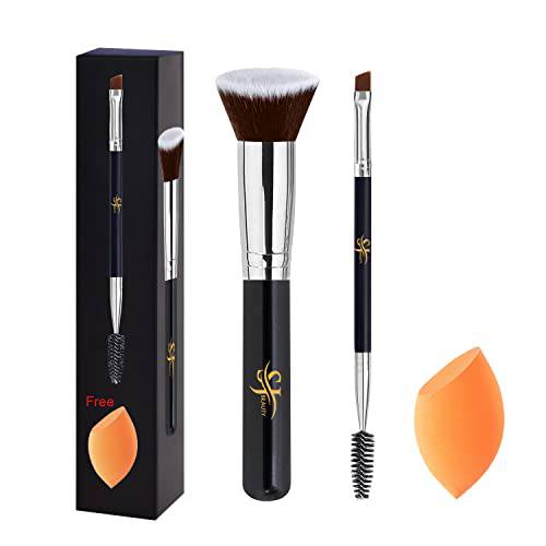 Foundation Brush By SJ BEAUTY, Premium Flat Top Kabuki Makeup Brush for Liquid, Cream, Powder, Blush Buffing, Blending, Angled Eyebrow Brush and Spoolie Brush with beauty blender