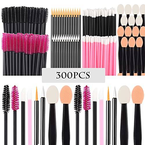 300PCS Disposable Makeup Applicators Tools Kit, Include 100 Disposable Lip Brushes Lip Wands 100 Mascara Brushes Wands Applicator 50 Eyeliner Brushes 50 Eyeshadow Brushes for Eyes and Lips Makeup