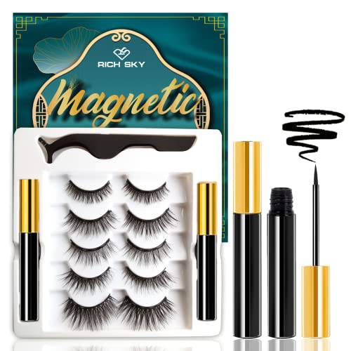 Richsky Magnetic Eyelashes with Eyeliner Kit,5 Pairs Natural Looking Magnetic lashes,Easy to Wear False Eyelash Set,No Glue Needed and Waterproof