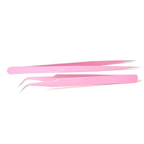 VEYES INC Lash Tweezers for Eyelash Extensions Straight & Curved Pointed Tweezers Set, 2 Pack Pink