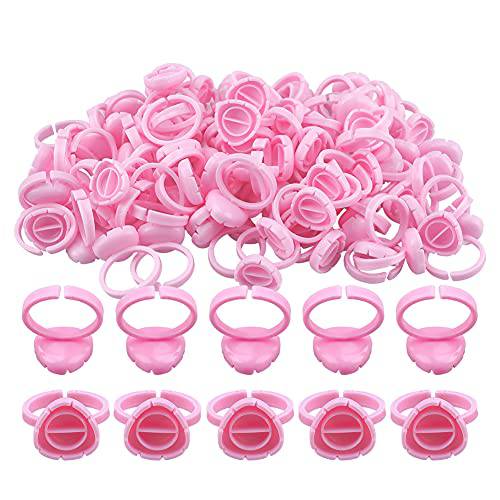 100PCS Disposable Plastic Nail Art Glue Rings Holder Eyelash Extension Rings Adhesive Pigment Holders Finger Hand Beauty Tools (Pink)