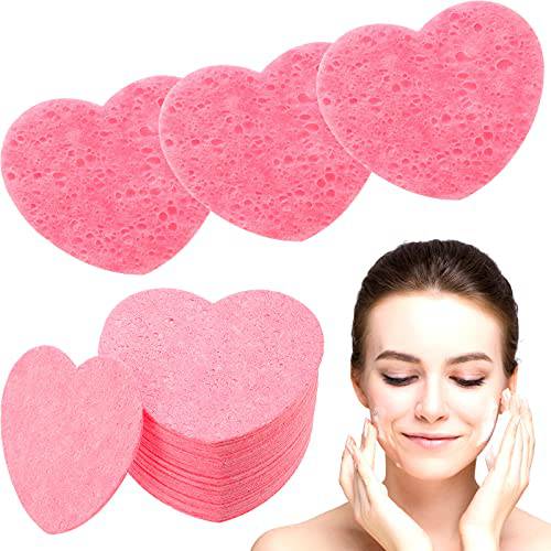 100 Pieces Heart Shape Facial Sponges Compressed Natural Cellulose Sponge Reusable Cosmetic Makeup Remover Sponge Face Cleansing Natural Sponge for Face Cleansing Exfoliating (Pink)