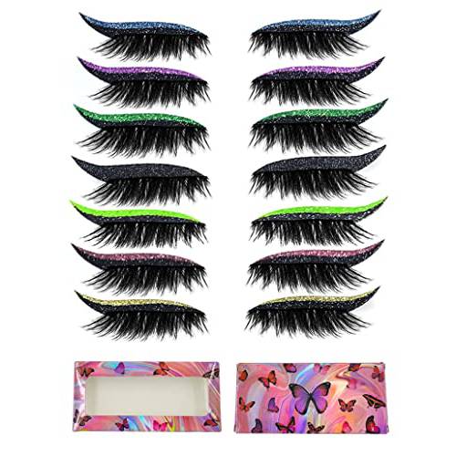 False Eyelashes,Reusable Eyeliner and Eyelash Stickers 7 Color Waterproof Sticker Eyelashes,Easy to Wear and Remove,Women Make Up Glitter Lashes (A Set of Seven Colors)