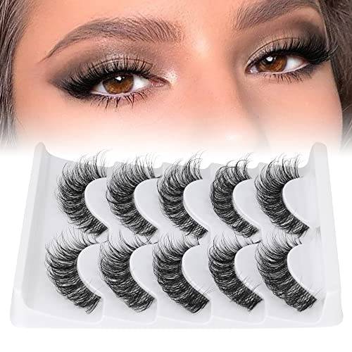 False Eyelashes with Clear Band 15mm Wispy Lashes Natural Look Faux Mink Lashes Cat Eye D Curl Fluffy Short Soft Fake Eyelashes 5 Pairs Pack