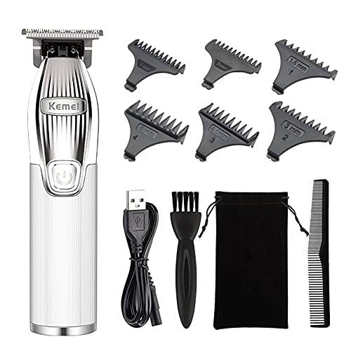 KEMEI Hair Clipper for Men Professional Hair Trimmer Barbers Beard Trimmer Cordless Rechargeable Hair Cutting Grooming Kit with 6 Guide Comb T Blade Trimmer Haircut (S-Sliver)