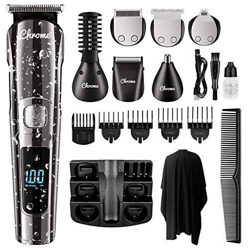Chrome Hair Clippers & Beard Trimmer for Men, Waterproof Body All in 1 Multi-Grooming Kit, Cordless Hair Trimmer, Mustache, Nose & Ear Shaver, USB Rechargeable & LED Display