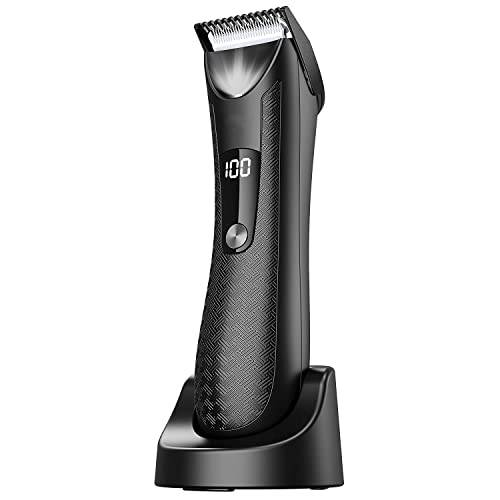 Viosalu Body Hair Trimmer for Men, Electric Groin Hair Trimmer with LED Light, Waterproof Ball Trimmer for Male, Replaceable Ceramic Blade Heads, USB Recharge Dock, Male Hygiene Razor