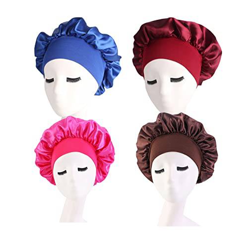 Silk Bonnet Satin Bonnet,Hair Bonnets for Curly Hair Sleeping for Bonnets for Black Women Satin Sleep Cap, Sleep Bonnets for Women Curly Hair,Silk Bonnet with Elastic Soft Band Big Bonnet (4 Pcs).