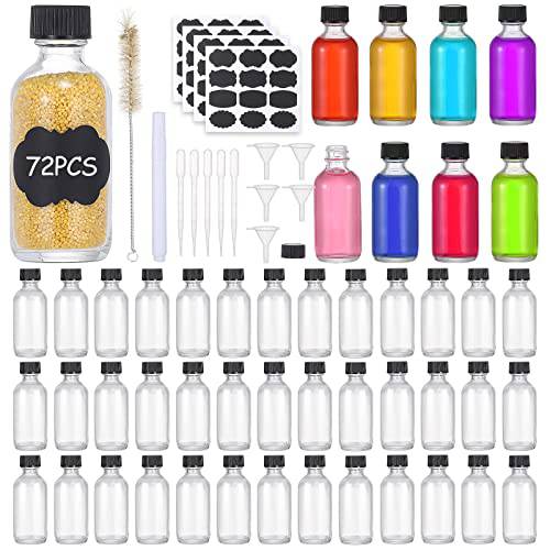 (Pack of 72) 2oz Small Clear Glass Bottles(60ml) with Lids Boston Round Travel Bottles for Vanilla Hot Sauce Juice Whiskey Liquid come with 72 Labels,5 Funnels,5 Droppers,1 Brush&Chalk Marker