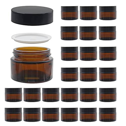 BPFY 24 Pack 1 oz Round Amber Glass Cosmetic Jars with Lids And Inner Liners, Travel Glass Jars, Refillable Cosmetic Containers for Ointments, Lotion, Lip Scrub, Makeup, Eyeshadow, Slime, Paint
